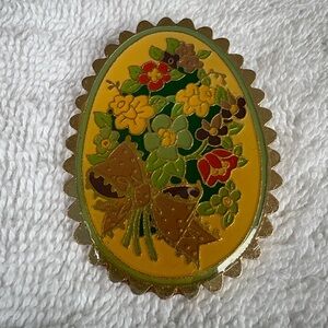 Vintage Yellow Floral Enamel Brooch with Gold Bow Accent